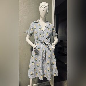 Chloe + Rene Striped Pineapple Print Midi Shirt Dress - Yellow/Green size S